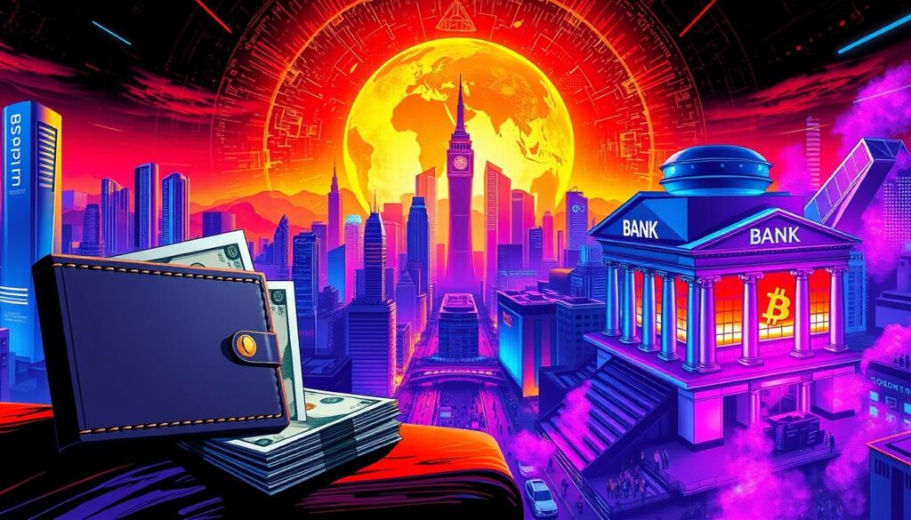 A dynamic illustration of the contrast between cryptocurrency and traditional currency. In the foreground, a digital wallet and a stack of physical bills juxtaposed, symbolizing the technological versus physical nature of the two forms of money. In the middle ground, a cityscape with skyscrapers and bustling streets, representing the global reach and decentralized nature of cryptocurrency, while traditional banks and financial institutions are visible. The background features a vibrant, futuristic landscape with neon-lit holographic displays, conveying the cutting-edge, innovative spirit of cryptocurrency. Dramatic lighting and a bold, high-contrast color palette create a sense of energy and visual tension, highlighting the disruptive potential of cryptocurrency compared to the established systems of traditional finance.