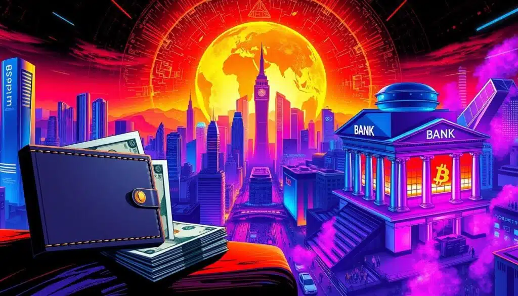 A dynamic illustration of the contrast between cryptocurrency and traditional currency. In the foreground, a digital wallet and a stack of physical bills juxtaposed, symbolizing the technological versus physical nature of the two forms of money. In the middle ground, a cityscape with skyscrapers and bustling streets, representing the global reach and decentralized nature of cryptocurrency, while traditional banks and financial institutions are visible. The background features a vibrant, futuristic landscape with neon-lit holographic displays, conveying the cutting-edge, innovative spirit of cryptocurrency. Dramatic lighting and a bold, high-contrast color palette create a sense of energy and visual tension, highlighting the disruptive potential of cryptocurrency compared to the established systems of traditional finance.
