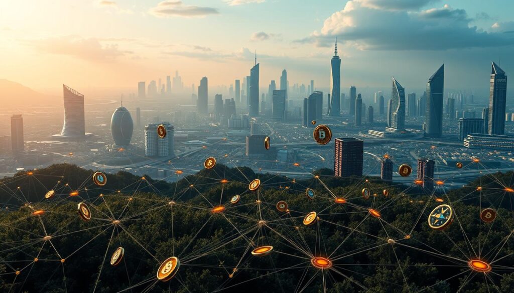 A dynamic landscape of decentralized finance, with the central focus being a series of interlocked yield farming platforms. In the foreground, an array of digital tokens and cryptocurrencies float in a sleek, minimalist interface, beckoning users to explore the potential of DeFi. In the middle ground, a network of interconnected protocols and smart contracts hum with activity, their intricate workings illuminated by a warm, ambient glow. In the background, a cityscape of futuristic skyscrapers and data centers stands as a testament to the technological revolution powering this new era of financial innovation. The overall atmosphere is one of possibility, innovation, and the democratization of finance, inviting the viewer to imagine the transformative potential of DeFi yield farming.