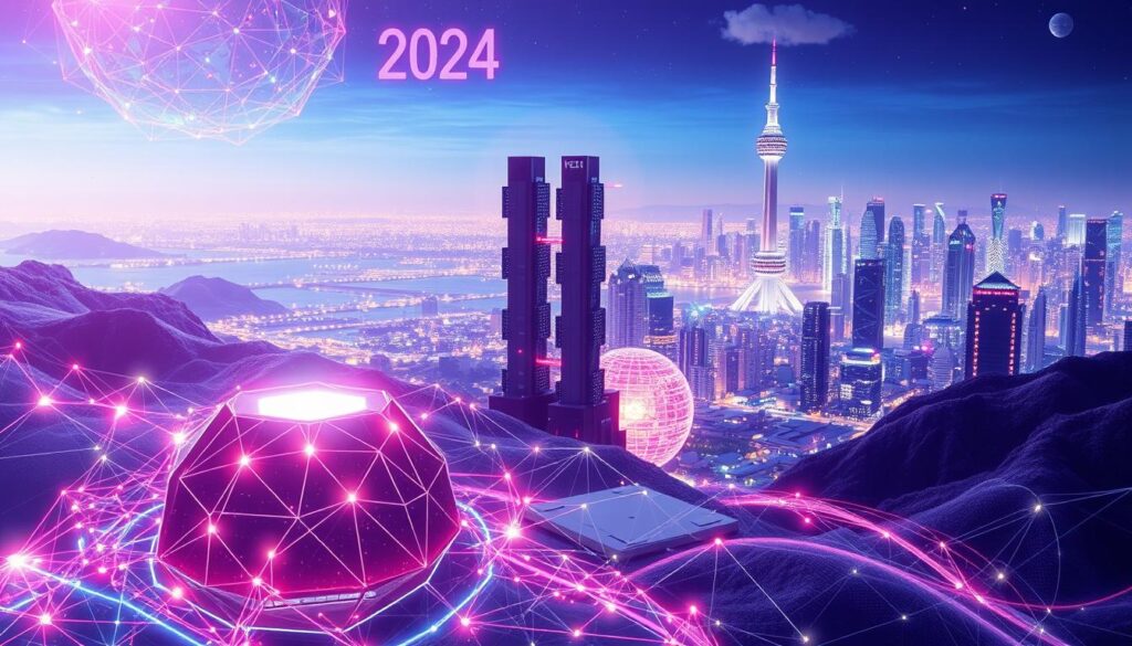 A dynamic landscape of interconnected financial protocols, the "defi momentum 2024" scene unfolds with a vibrant, futuristic aesthetic. In the foreground, a cluster of geometric shapes and fluid lines represents the interplay of decentralized applications, their interfaces shimmering with holographic projections. The middle ground features towering data structures, their modular forms rising like architectural monoliths, symbolizing the scalability and innovation driving the DeFi ecosystem. In the background, a luminous cityscape stretches out, its skyline punctuated by gleaming towers and pulsing with the energy of a thriving, technology-driven economy. The overall composition conveys a sense of progress, connectivity, and the transformative power of decentralized finance as it gains momentum in the present market. Prompt