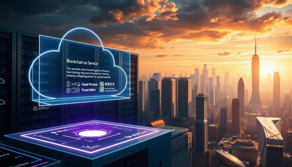 A dynamic landscape showcasing the cutting-edge innovations of cloud service platforms. In the foreground, a holographic display presents seamless integration of blockchain-as-a-service features, hovering above a sleek, minimalist interface. The middle ground features towering data centers, their servers emblazoned with the logos of leading cloud providers. In the background, a vibrant cityscape reflects the transformative impact of these cloud-based blockchain solutions, with skyscrapers casting long shadows under a dramatic, cinematic lighting. The scene conveys a sense of technological progress, efficiency, and the boundless potential of cloud-based blockchain services.