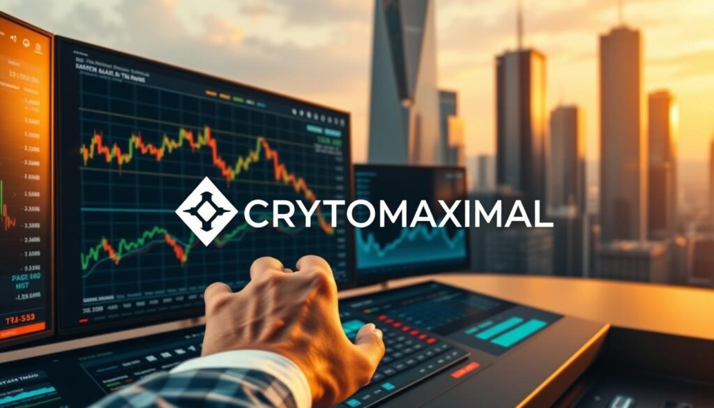 A dynamic, sleek trading interface with CRYPTOMAXIMAL logo prominently displayed. In the foreground, a trader's hands swiftly navigating a high-tech control panel, fingers dancing across the screens. The middle ground features real-time market data visualizations, lines and charts pulsing with energy. In the background, a cityscape of towering skyscrapers, reflecting the fast-paced nature of the financial world. Warm, golden lighting casts an efficient, professional atmosphere. The composition conveys a sense of speed, precision, and the seamless integration of human and machine in the world of AI-powered crypto trading.