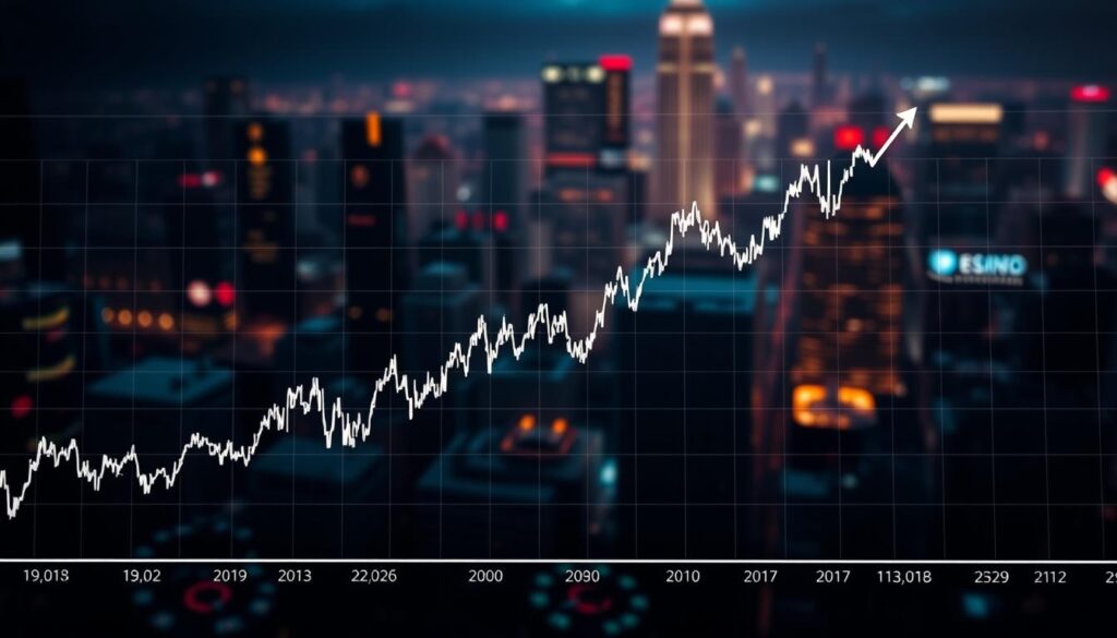 A dynamic stock chart against a backdrop of a turbulent cryptocurrency market. In the foreground, a line graph representing the volatility trends of major cryptocurrencies, with sharp peaks and valleys reflecting the inherent unpredictability of the digital asset space. In the middle ground, a 3D visualization of a stock index, its trajectory mirroring the volatility of the crypto market, highlighting the growing correlation between the two asset classes. The background is a blurred, neon-tinged cityscape, evoking the fast-paced, technology-driven nature of the financial markets. Dramatic lighting casts deep shadows, heightening the sense of uncertainty and risk. The overall composition conveys the intertwined relationship between the traditional and the digital, as investors navigate the increasingly complex and volatile landscape of modern finance.