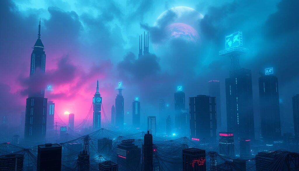 A dystopian blockchain cityscape enveloped in a sinister cyber-fog, with towering data monoliths and ominous holographic threats looming overhead. In the foreground, a tangled web of binary code and glitching digital artifacts, hinting at the vulnerability of blockchain networks. The scene is bathed in an eerie, electric-blue glow, creating an atmosphere of unease and technological peril. Jagged shards of corrupted data pierce the environment, symbolizing the ever-present danger of cyber attacks targeting blockchain systems. The overall composition conveys a sense of unease, underscoring the critical need to recognize and address common cyber threats in this emerging technological landscape.