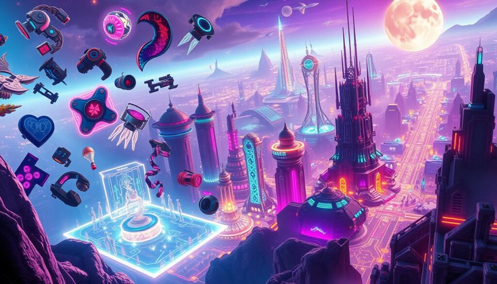 A fantastical virtual gaming landscape, bathed in a vibrant, neon-tinged glow. In the foreground, an array of meticulously detailed virtual items float in mid-air, their intricate designs and textures reflecting the cutting-edge technology of the metaverse. Holographic displays and shimmering energy fields surround these captivating objects, hinting at their interactive capabilities and the immersive experiences they can unlock. The middle ground features towering, futuristic structures and environments, their architectural styles blending seamless digital and physical elements. In the distance, a vast, sprawling virtual metropolis rises, its gleaming skyscrapers and luminescent streets promising endless possibilities for exploration and discovery. The overall scene exudes a sense of wonder, innovation, and boundless digital potential.