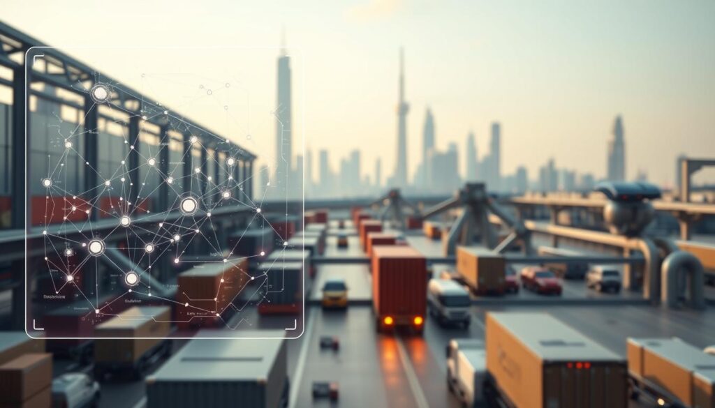 A futuristic 3D rendering of a blockchain-powered supply chain management system. In the foreground, a translucent holographic display shows a data visualization of supply chain logistics, with animated nodes and connections representing the flow of goods and information. In the middle ground, metallic robotic arms and autonomous vehicles move cargo through a high-tech warehouse, their movements choreographed by an underlying blockchain protocol. In the background, a cityscape of gleaming skyscrapers and futuristic transportation hubs sets the scene, all bathed in a warm, ambient lighting that suggests a harmonious integration of technology and industry.