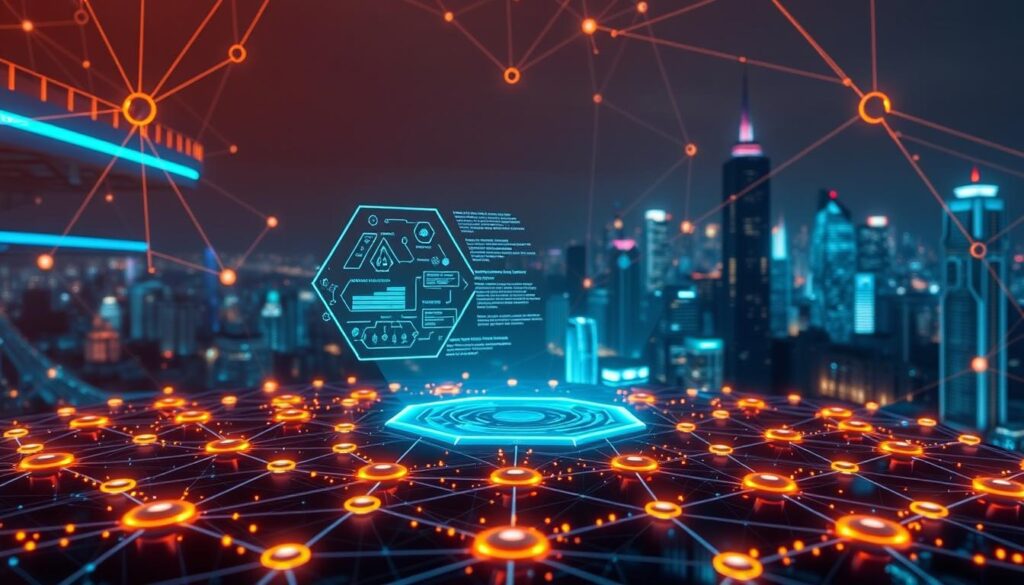 A futuristic and sleek blockchain network, with intricate and interconnected smart contract nodes. The foreground features a stylized hexagonal grid representing the ERC-20 token infrastructure, with glowing lines and data streams pulsing through the system. In the middle ground, a holographic user interface displays complex algorithms and transaction details, while the background showcases a cityscape of towering skyscrapers and a vibrant, neon-lit skyline. The lighting is a combination of warm, ambient tones and cool, digital accents, creating a dynamic and technologically advanced atmosphere. The overall scene conveys the power and versatility of smart contracts as the backbone of fractional NFT ownership and real estate investment strategies.