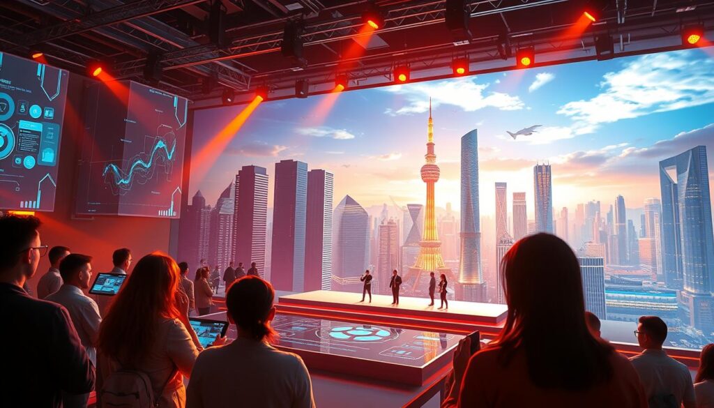 A futuristic and vibrant scene depicting a cryptocurrency presale event. In the foreground, a group of individuals are actively participating, their faces lit by the glow of holographic interfaces. The middle ground showcases a sleek, minimalist stage with dynamic data visualizations and a captivating product presentation. In the background, a stunning cityscape of towering skyscrapers and gleaming spires reflects the bright, neon-infused sky, creating an atmosphere of innovation and technological progress. The lighting is a blend of warm, directional spotlights and cool, ambient illumination, casting dramatic shadows and highlights that accentuate the modern, high-tech aesthetic. The overall mood is one of excitement, optimism, and the promise of untapped potential in the emerging crypto landscape.