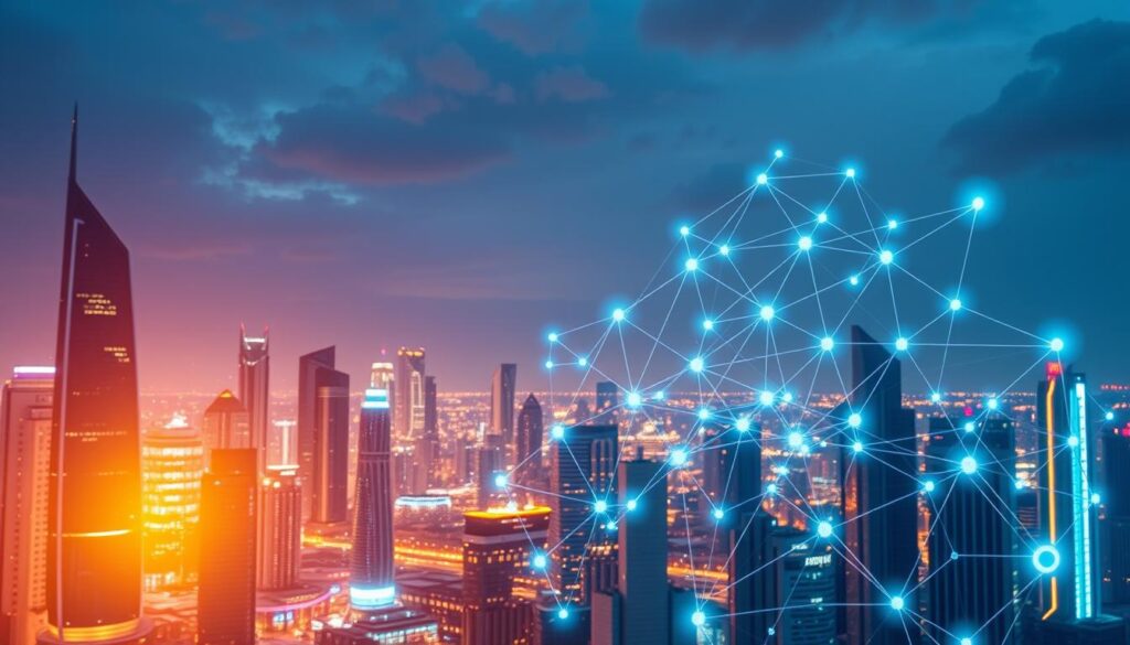 A futuristic cityscape bathed in a warm glow, with sleek skyscrapers and a vibrant, neon-lit skyline. In the foreground, a complex network of interconnected blockchain nodes and AI-powered algorithms visualized as a holographic display, showcasing the seamless integration of these cutting-edge technologies. The scene exudes a sense of innovation, progress, and the boundless possibilities that arise from the convergence of artificial intelligence and distributed ledger systems.