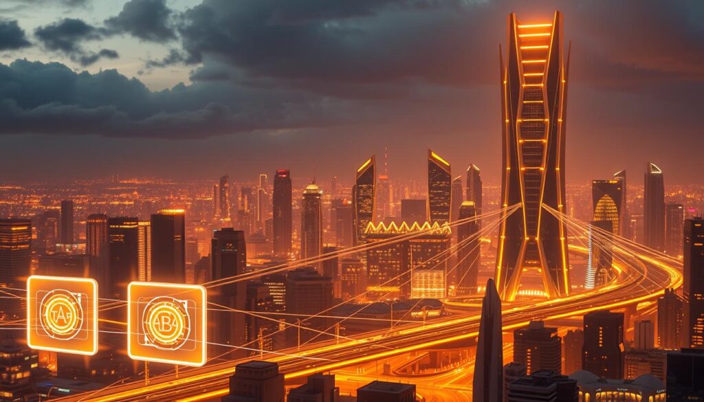 A futuristic cityscape bathed in a warm, golden light, with sleek, interconnected blockchain nodes and APIs forming a complex network that bridges various cryptocurrency platforms. In the foreground, a trio of transparent light client interfaces display real-time cross-chain data transfers, while in the middle ground, an oracle mechanism relays information between disparate blockchain ecosystems. The background features a towering, angular API gateway that serves as the central hub, its design inspired by the interlocking gears of a finely-tuned machine. The overall atmosphere conveys a sense of technological sophistication and seamless interoperability, hinting at the power of cross-chain communication solutions to revolutionize the blockchain industry.