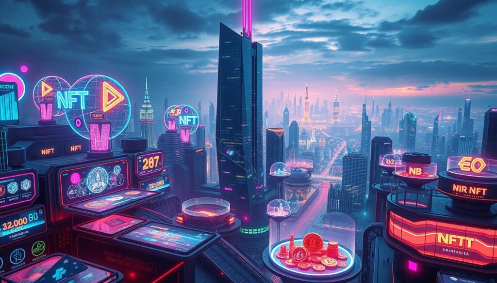 A futuristic cityscape bathed in neon hues, with holographic displays and floating platforms showcasing a diverse array of non-fungible tokens (NFTs). In the foreground, a bustling NFT marketplace, its interfaces sleek and intuitive, allowing users to seamlessly browse, bid, and trade a wide range of digital assets. The middle ground features a towering, ultramodern glass-and-steel building, the headquarters of a leading NFT platform, its façade adorned with dynamic, ever-changing NFT artworks. The background is a panoramic view of a gleaming, technologically advanced metropolis, its skyline punctuated by towering spires and shimmering domes, reflecting the rapid evolution and growing prominence of the NFT ecosystem.