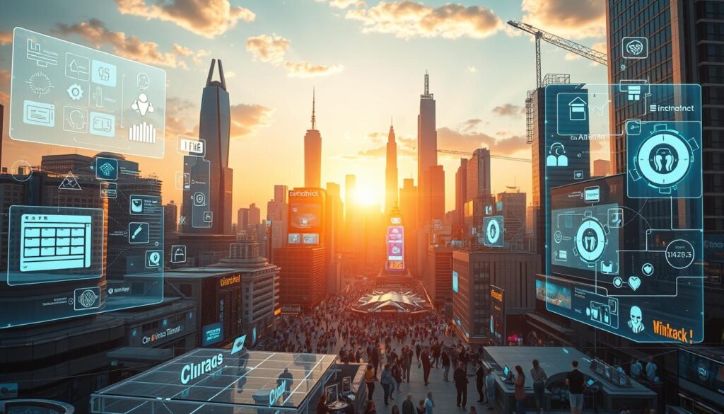 A futuristic cityscape filled with a diverse range of innovative applications and technologies, bathed in a warm, golden glow from the setting sun. In the foreground, holographic displays showcase various digital tools and software solutions, their sleek interfaces and vibrant visuals captivating the viewer. The middle ground features a bustling hub of activity, with people interacting with their mobile devices and engaging with the city's interconnected ecosystem of applications. In the background, towering skyscrapers and advanced infrastructure symbolize the rapid growth and evolution of the digital landscape. The scene conveys a sense of progress, innovation, and the seamless integration of technology into our daily lives.