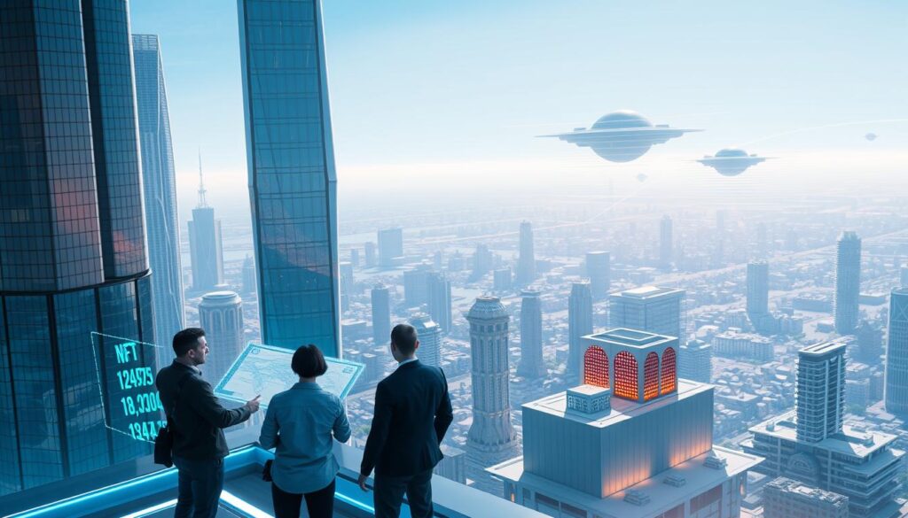 A futuristic cityscape in the metaverse, with towering skyscrapers and gleaming glass facades. In the foreground, a group of virtual land developers examine a holographic display, discussing plans for new residential and commercial properties. The middle ground features blocky, geometric NFT structures representing virtual real estate parcels, with glowing transaction data overlays. The background is a sprawling digital landscape, with floating islands and data streams pulsing through the sky. Crisp, high-contrast lighting illuminates the scene, conveying a sense of technological sophistication and strategic planning.