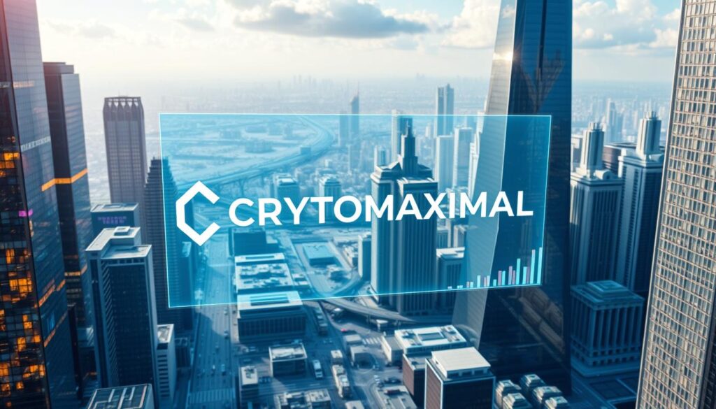 A futuristic cityscape of gleaming skyscrapers and digital infrastructure, the integration of blockchain and AI technologies is depicted in vivid detail. In the foreground, a holographic display showcases the CRYPTOMAXIMAL logo, its sleek design reflecting the seamless convergence of these cutting-edge innovations. The middle ground features a bustling hub of activity, with data streams and digital transactions flowing through a complex network of interconnected systems. The background is a panoramic vista of a technologically advanced metropolis, where the lines between the physical and digital worlds blur. The scene evokes a sense of awe and wonder, capturing the transformative potential of AI-powered cryptocurrencies.