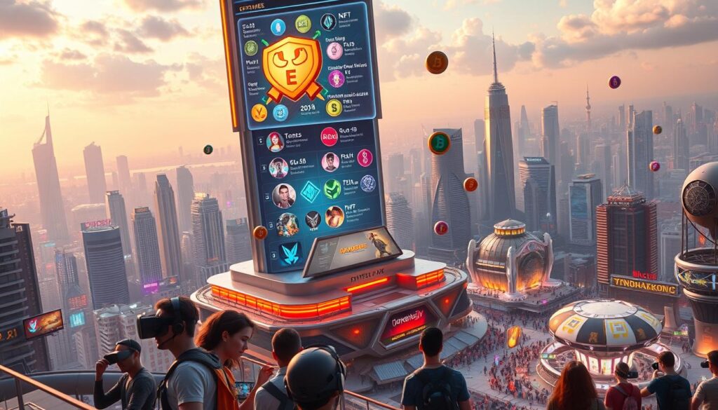 A futuristic cityscape with a central hub featuring a towering holographic display showcasing various play-to-earn crypto rewards. In the foreground, a group of gamers immersed in virtual reality, their avatars interacting with vibrant, animated NFT characters. The mid-ground depicts a bustling marketplace where players exchange digital assets, with colorful cryptocurrency tokens floating in the air. The background features a panoramic view of the city, with skyscrapers and holograms creating a sleek, high-tech atmosphere. Warm lighting, cinematic camera angles, and a sense of dynamism and excitement convey the allure of the play-to-earn crypto ecosystem.