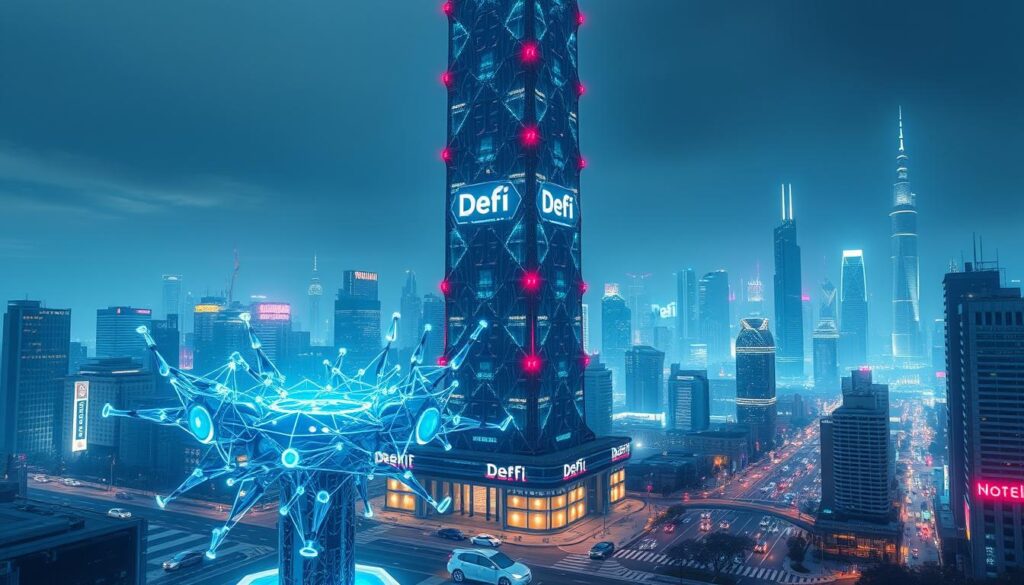 A futuristic cityscape with a towering DeFi protocol tower at the center, its intricate infrastructure glowing with holographic displays and pulsing data streams. In the foreground, a cluster of abstract AI-driven bots dance around the tower, their movements optimizing liquidity and market-making algorithms. The middle ground features a bustling financial district with neon-lit skyscrapers and autonomous vehicles navigating the streets. The background showcases a vibrant, neon-tinged skyline, hinting at the innovative, high-tech nature of the DeFi ecosystem. The scene is bathed in a cool, ethereal light, conveying a sense of technological advancement and financial sophistication.