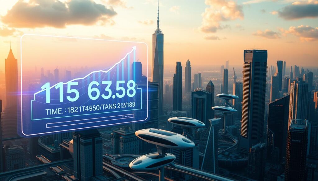 A futuristic cityscape with towering skyscrapers and advanced infrastructure, symbolizing the scalability and high-speed transactions of a leading cryptocurrency. In the foreground, a transparent holographic interface displays real-time transaction data, with numbers rapidly scrolling upwards to convey the system's impressive throughput. The scene is bathed in a cool, neon-infused lighting, creating a sleek, technological atmosphere. The middle ground features sleek, hovering transportation pods, while the background showcases a sprawling metropolis with seamlessly integrated blockchain technology. An image that visually communicates the innovative features and scalability of a cutting-edge cryptocurrency.
