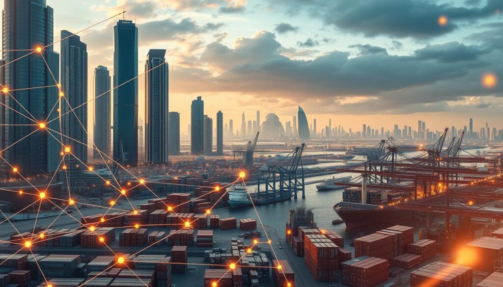 A futuristic cityscape with towering skyscrapers and bustling logistics hubs, bathed in a warm, golden glow. In the foreground, a complex web of lines and shapes representing a blockchain network, seamlessly integrating the supply chain processes. Pallets of goods move autonomously through robotic warehouses, their transactions recorded and verified on the distributed ledger. In the middle ground, cargo ships unload containers at a state-of-the-art port terminal, their manifests updated in real-time on the blockchain. In the background, a skyline of modern, sustainable architecture, reflecting the integration of blockchain technology into the fabric of the enterprise.