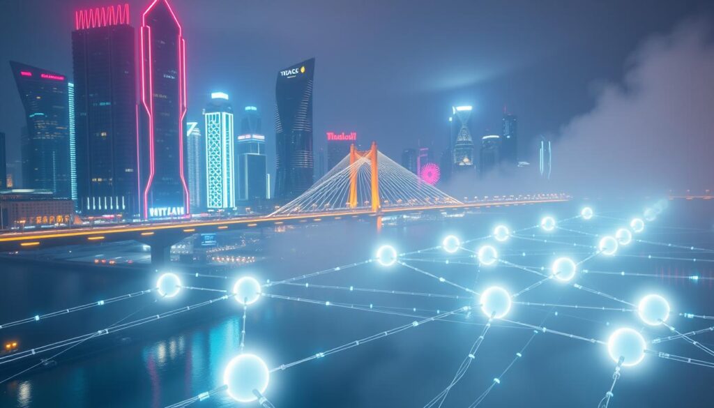 A futuristic cityscape with towering skyscrapers and gleaming bridges connecting them, illuminated by vivid neon-like lights. In the foreground, a network of interlinking chains representing cross-chain bridges, with validator nodes as glowing spheres casting an ethereal glow. The bridges and validators appear to be pulsing with energy, conveying the dynamic nature of blockchain interoperability. The scene is shrouded in a hazy, atmospheric lighting, creating a sense of depth and mystery. The overall composition suggests the critical role of cross-chain communication in the future of blockchain technology.
