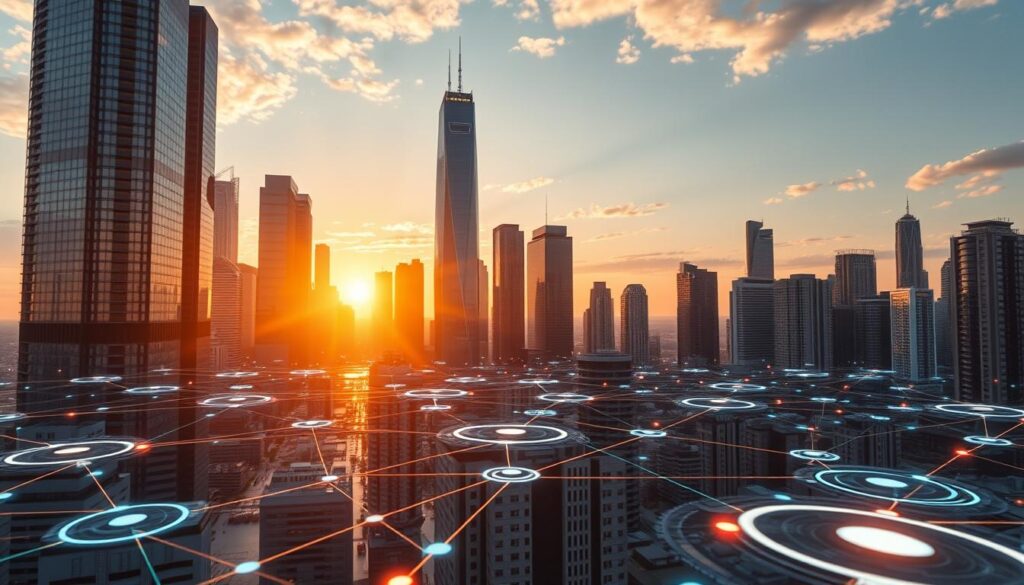 A futuristic cityscape with towering skyscrapers and gleaming glass facades, illuminated by the warm glow of the setting sun. In the foreground, a network of interconnected digital interfaces and holographic displays, representing the fractional ownership and tokenization of real estate assets. Amid the sleek, high-tech environment, small, floating tokens representing individual properties or shares float and interact, creating a dynamic, ever-changing landscape. The scene conveys a sense of innovation, efficiency, and the transformative potential of blockchain technology in the real estate industry.