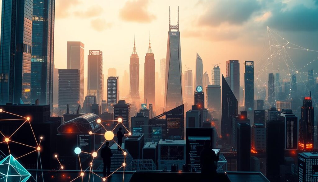 A futuristic cityscape with towering skyscrapers and gleaming glass facades, illuminated by the soft glow of blockchain-powered infrastructure. In the foreground, various industries are represented by abstract geometric shapes, each pulsing with a distinct hue - finance, healthcare, logistics, and more. The middle ground features a diverse array of people, each engaging with different blockchain-enabled technologies, conveying a sense of technological integration and innovation. The background is a hypnotic, data-driven landscape, with streams of code and digital information flowing seamlessly through the urban environment. Warm lighting casts an ethereal, visionary atmosphere, reflecting the transformative potential of blockchain technology across multiple sectors.