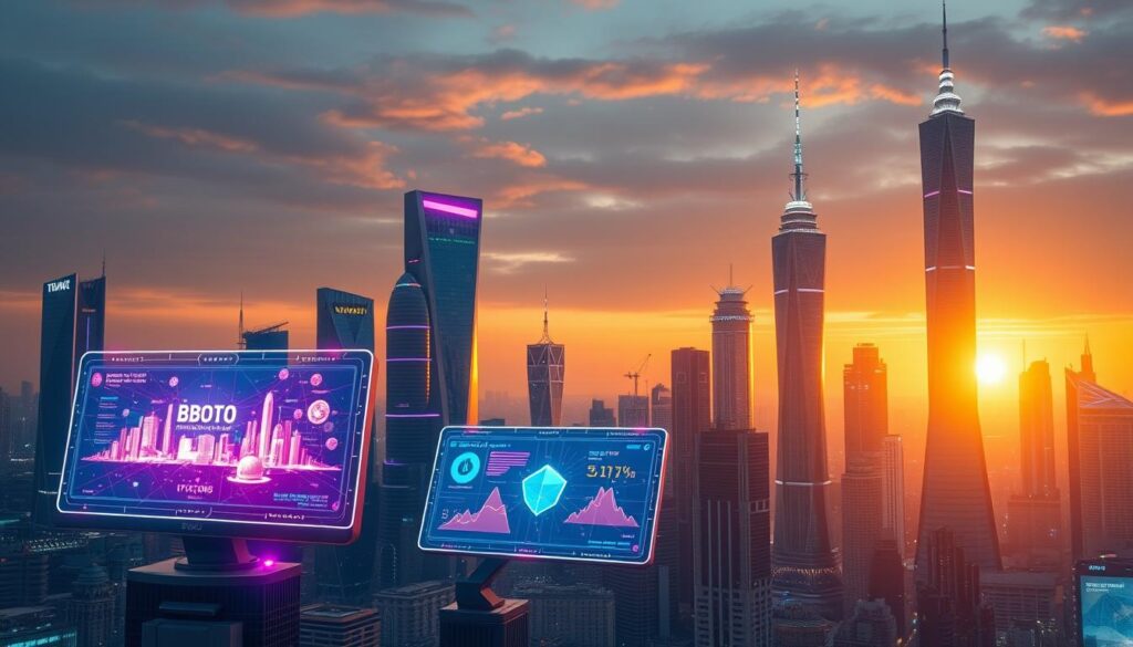 A futuristic cityscape with towering skyscrapers and gleaming towers, their facades adorned with blockchain-inspired architectural elements. In the foreground, a group of digital devices and interfaces showcase vibrant visualizations of blockchain scalability solutions, their holographic displays casting an ethereal glow. The background is bathed in a warm, amber-tinted light, creating a sense of technological progress and innovation. The scene conveys a harmonious blend of cutting-edge technology and sustainable urban development, hinting at the advancements and updates in Proof of Stake technology.
