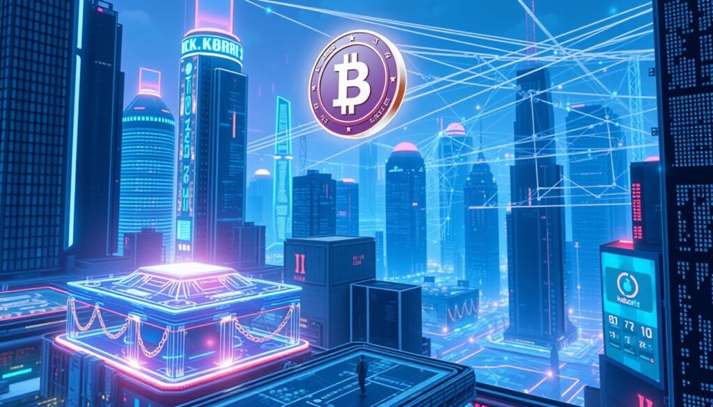A futuristic cityscape with towering skyscrapers and holographic displays, illuminated by neon lights and a vibrant, electric atmosphere. In the foreground, a digital ledger hovers, its blocks linked by glowing chains, representing the integration of blockchain technology. Floating above it, a non-fungible token (NFT) shimmers, showcasing its unique digital assets. The middle ground features avatars navigating a virtual world, seamlessly interacting with the blockchain-powered ecosystem. In the background, a vast, interconnected network of data streams and encrypted transactions flows, creating a sense of technological innovation and progress.