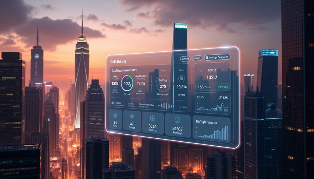 A futuristic cityscape, with towering skyscrapers and holographic displays illuminating the night sky. In the foreground, a transparent interface materializes, showcasing a DeFi staking platform. Sleek icons and data visualizations depict staking rewards, yields, and risk metrics. The scene conveys a sense of technological sophistication, financial innovation, and the seamless integration of blockchain technology into everyday urban life. The lighting is a balance of warm, ambient tones and cool, neon-like accents, creating a visually striking and immersive environment.
