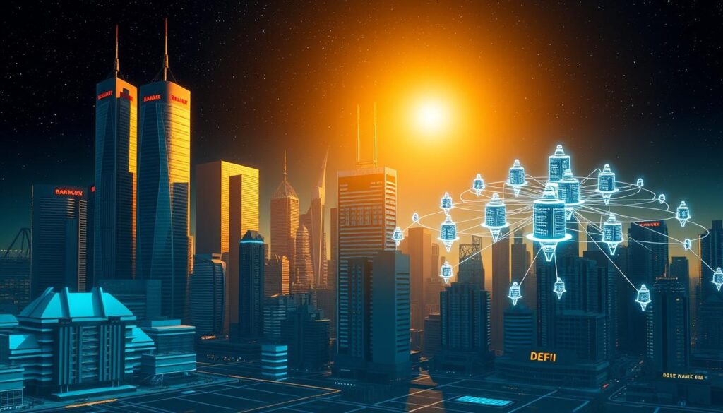 A futuristic cityscape with towering skyscrapers representing the traditional banking system, contrasted by a decentralized network of smaller, interconnected buildings symbolizing the Decentralized Finance (DeFi) ecosystem. The cityscape is illuminated by a warm, golden glow, casting long shadows and creating a sense of balance between the two systems. In the foreground, a holographic interface displays data visualizations and transaction flows, highlighting the transparency and accessibility of DeFi. The background features a starry night sky, signifying the global, borderless nature of blockchain technology. The overall composition conveys the coexistence and competition between traditional finance and the emerging decentralized paradigm.