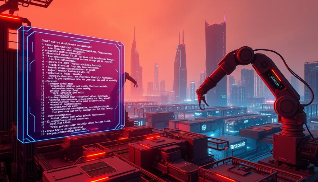 A futuristic, cyberpunk-inspired scene depicting smart contract automation. In the foreground, a holographic interface displays lines of code and digital contracts executing seamlessly. In the middle ground, robotic arms and machinery move with precision, automating various business processes. The background features a high-tech urban landscape with towering skyscrapers, glowing neon lights, and a hazy, atmospheric skyline. The scene conveys a sense of efficiency, technological advancement, and the integration of blockchain-powered smart contracts into the fabric of modern business operations. Warm, neon-tinged lighting illuminates the scene, creating a visually striking and immersive impression.