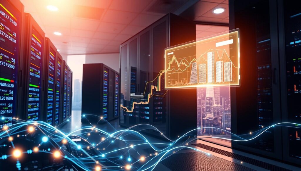 A futuristic data center, with sleek servers and glowing blockchain nodes pulsing with energy. In the foreground, digital ledgers and smart contracts intertwine, creating a seamless flow of information. The middle ground features a floating holographic display showcasing real-time data analytics, while the background is a cityscape of towering skyscrapers and a vibrant, neon-lit skyline. The scene is bathed in a warm, ethereal light, conveying a sense of innovation and technological progress. The overall mood is one of dynamic, AI-powered data integration, reflecting the advancements in blockchain and smart contract automation.
