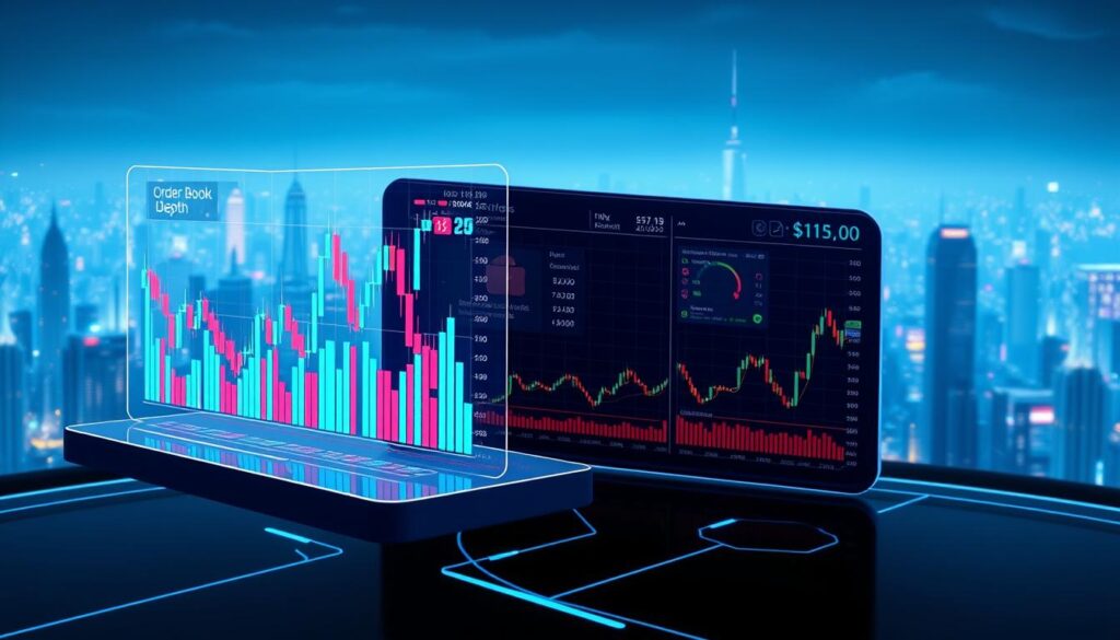 A futuristic, data-driven visualization of an order book depth analysis, showcasing the dynamic flow of buy and sell orders in a crypto exchange. In the foreground, a sleek, holographic 3D model of an order book depth chart, with colorful candlesticks and line graphs representing the market's activity. The middle ground features a minimalist, HUD-like interface, displaying key metrics and insights. In the background, a vast, neon-lit cityscape reflects the fast-paced nature of the crypto market, with skyscrapers and digital displays casting an ethereal glow. The scene is illuminated by a cool, blue-tinted lighting, creating a sense of technological sophistication and financial precision.