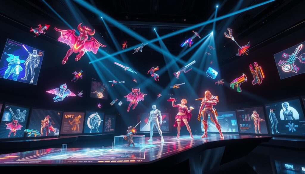 A futuristic digital art gallery showcasing dynamic NFT use cases in gaming. Vibrant holograms of various player avatars, weapons, and game assets float and shimmer against a backdrop of sleek, geometric architecture. Beams of light crisscross the space, casting a sense of technological wonder. In the foreground, an interactive display demonstrates the evolution of a game character's NFT-based metadata, transforming its visual appearance and capabilities over time. The overall atmosphere is one of awe-inspiring innovation, where the boundaries between the digital and physical realms blur.