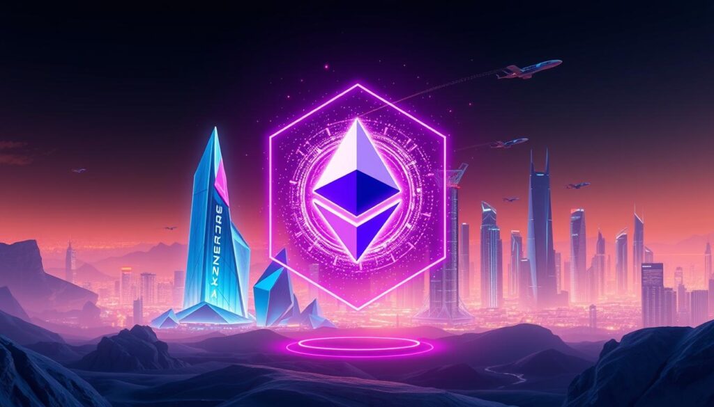 A futuristic, digital landscape depicting the minting of NFTs on Ethereum Polygon and Solana blockchain networks. In the foreground, a bold, geometric hologram displays a vibrant, animated cryptocurrency symbol, surrounded by a swirl of digital particles. The middle ground features towering, crystalline structures in shades of blue and purple, evoking the advanced technology and decentralized power of blockchain. In the background, a panoramic view of a sleek, gleaming cityscape with skyscrapers and hovering vehicles, all bathed in a warm, neon glow. The scene conveys a sense of innovation, progress, and the seamless integration of blockchain into the modern, digital world.