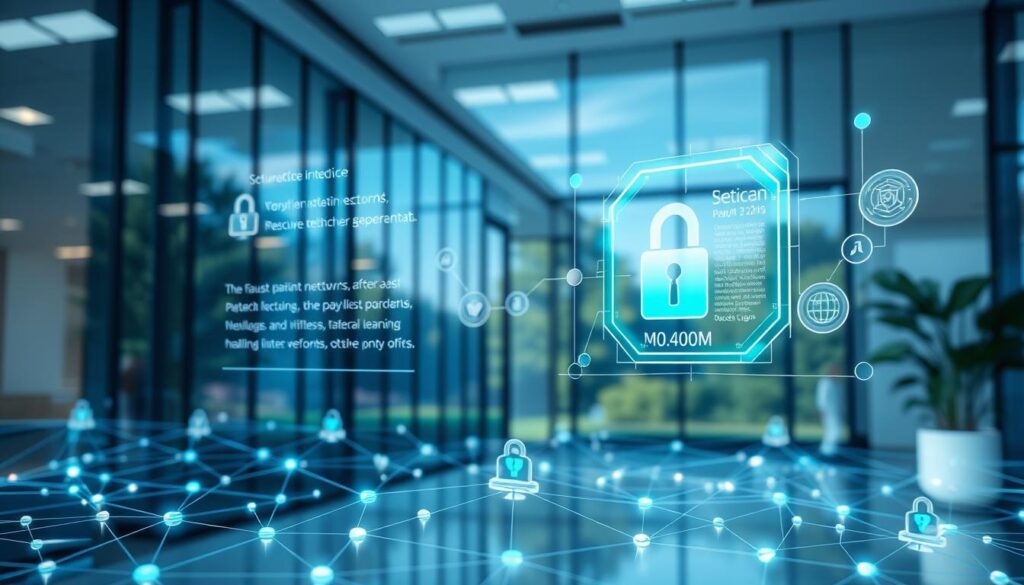 A futuristic digital landscape of healthcare data security solutions. In the foreground, a secure blockchain network with nodes representing encrypted patient records, lab test results, and other sensitive medical data. In the middle ground, holographic displays showcase the seamless integration of artificial intelligence and machine learning algorithms, safeguarding the system against cyber threats. The background features a serene medical facility, its glass walls reflecting the serene blue skies and lush greenery outside, symbolizing the transparency and trust enabled by these advanced security measures. Soft, ambient lighting creates a calming, professional atmosphere, while the composition emphasizes the harmony between technology and patient wellbeing.