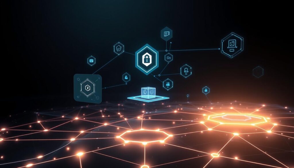 A futuristic, high-tech blockchain network depicted as a glowing, ethereal nexus of interconnected nodes and transaction flows, casting a soft, ambient light against a dark, minimalist background. The foreground features a central hub of interlocking hexagonal shapes, symbolizing the decentralized and secure nature of blockchain technology. The middle ground showcases various blockchain-enabled applications and smart contracts, represented by floating holographic interfaces and 3D data visualizations. The background is a vast, abstract expanse, hinting at the limitless potential and global reach of blockchain-powered ecosystems. The overall scene conveys a sense of technological sophistication, innovation, and the transformative power of decentralized, trustless systems.