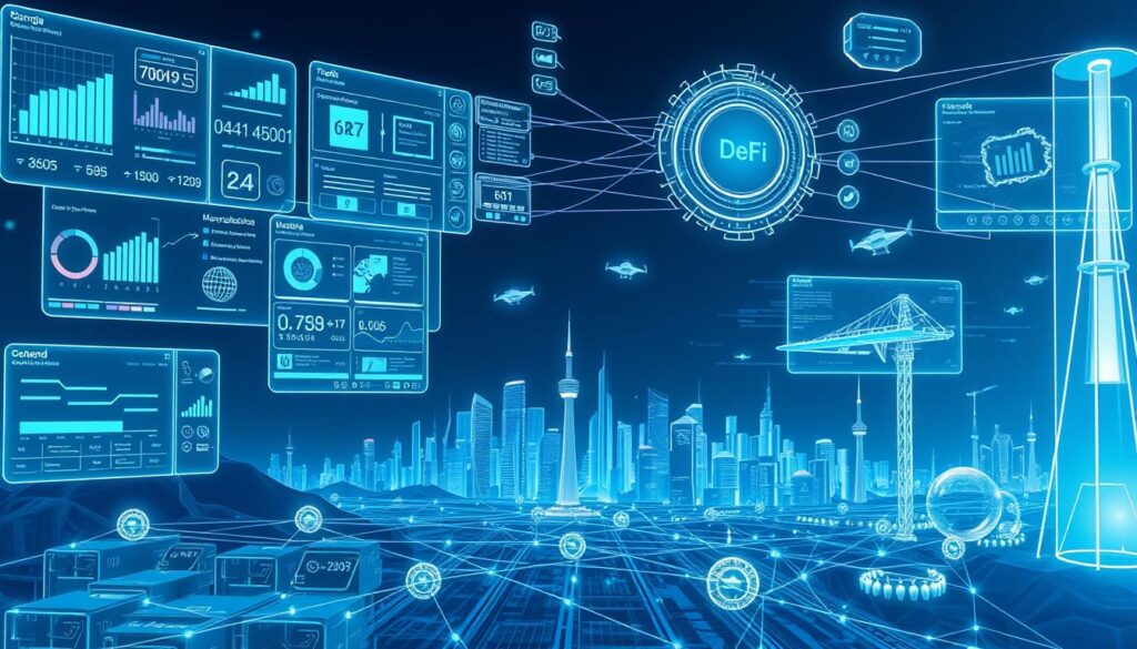 A futuristic, high-tech landscape of interconnected smart contract applications, with transparent holographic interfaces and sleek, minimalist architecture. In the foreground, various decentralized finance (DeFi) and supply chain management applications are depicted, their data visualizations and transaction flows projected in the air. The middle ground features the interoperability between these dApps, connected by a web of blockchain-enabled smart contracts. In the background, a city skyline of gleaming towers and hovering vehicles, all powered by the decentralized infrastructure. The scene is bathed in a cool, blue-toned lighting, conveying a sense of precision, efficiency, and innovation.