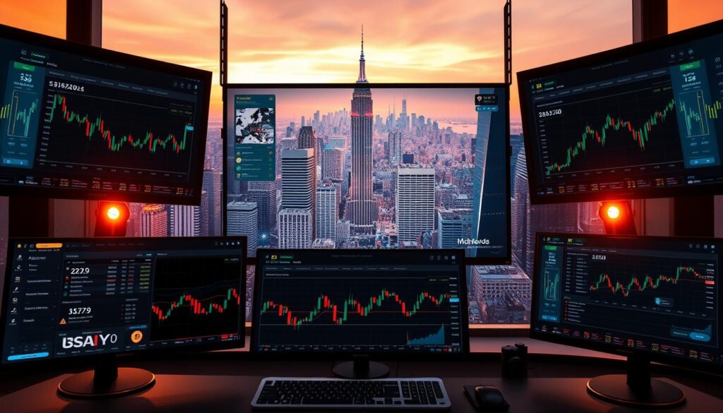 A futuristic, high-tech trading platform displayed on multiple screens, with sleek and minimalist design. The foreground shows a user's dashboard with real-time market data, trading indicators, and intuitive controls. The middle ground features a larger display showcasing a comprehensive overview of various cryptocurrency markets, trends, and analytical tools. In the background, a cityscape with towering skyscrapers and a vibrant, neon-lit skyline creates a sense of a bustling, tech-driven financial hub. Warm lighting casts a subtle glow, enhancing the sophisticated and immersive atmosphere. The scene conveys a balance of power, precision, and innovation, reflecting the leading capabilities of the trading platforms.