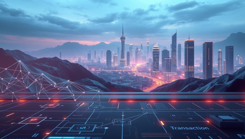 A futuristic illustration of a transaction verification process, showcasing a sleek, minimalist user interface against a backdrop of digital landscapes and architectural elements. Crisp, high-contrast lighting illuminates the scene, with subtle hints of metallic textures and holographic overlays. The foreground features a series of interconnected data nodes and transaction flow diagrams, conveying the complex yet elegant nature of blockchain technology. The middle ground depicts abstract geometric shapes and wireframe structures, representing the computational power and cryptographic security underlying the process. In the background, a cityscape of towering, high-tech buildings and glowing datacenters creates a sense of scale and integration with the broader ecosystem of cryptocurrency mining.