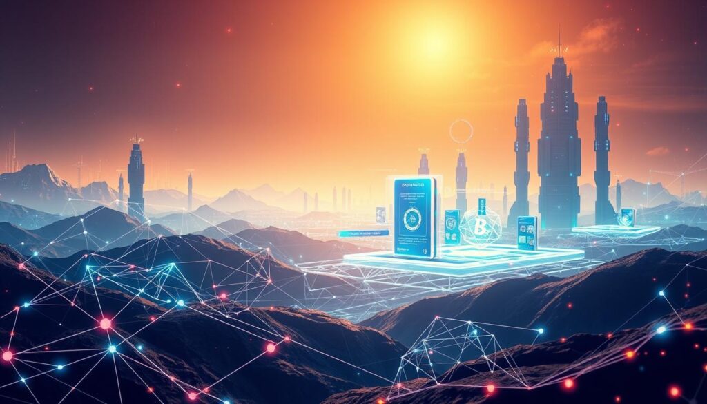 A futuristic landscape showcasing the interconnected layers of blockchain protocols. In the foreground, various geometric shapes and lines represent the intricate web of Layer 2 solutions, including Lightning Network, Rollups, and Sidechains. The middle ground features sleek, holographic interfaces displaying data flows and cross-chain communication protocols, such as Cosmos, Polkadot, and Avalanche. The background depicts a vast, ethereal expanse of digital infrastructure, with towering data silos and pulsing energy fields, symbolizing the scalability and interoperability of the emerging blockchain ecosystem. The scene is illuminated by a warm, iridescent glow, conveying a sense of technological progress and innovative potential.