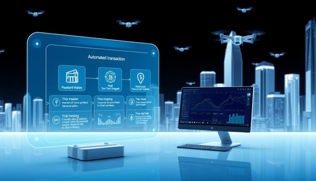 A futuristic, minimalist illustration of automated transaction steps. In the foreground, a transparent holographic interface displays a step-by-step flow of cryptocurrency wallet transactions, with crisp icons and intuitive gestures. The middle ground features a sleek, angular desktop setup with a high-resolution monitor displaying real-time transaction data and analytics. In the background, an abstract cityscape of gleaming skyscrapers and hovering drones conveys a sense of technological advancement and efficiency. Soft, cool-toned lighting creates a calm, authoritative atmosphere, while a shallow depth of field focuses the viewer's attention on the key transaction workflow.