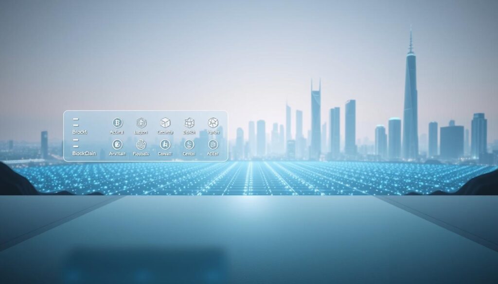 A futuristic, minimalist landscape depicting a blockchain platform selection. In the foreground, a clean, geometric interface with various blockchain logos and options hovers above a sleek, polished surface. The middle ground features a digital ledger system, with rows of interconnected nodes and data flows. In the background, a serene, ethereal cityscape of towering skyscrapers and glowing energy fields create a sense of technological advancement and innovation. The lighting is soft and diffused, creating a sense of depth and atmosphere. The overall mood is one of efficiency, security, and the seamless integration of blockchain technology into everyday life.