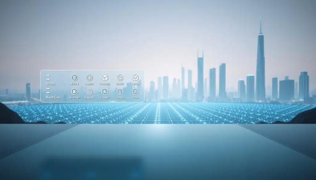 A futuristic, minimalist landscape depicting a blockchain platform selection. In the foreground, a clean, geometric interface with various blockchain logos and options hovers above a sleek, polished surface. The middle ground features a digital ledger system, with rows of interconnected nodes and data flows. In the background, a serene, ethereal cityscape of towering skyscrapers and glowing energy fields create a sense of technological advancement and innovation. The lighting is soft and diffused, creating a sense of depth and atmosphere. The overall mood is one of efficiency, security, and the seamless integration of blockchain technology into everyday life.