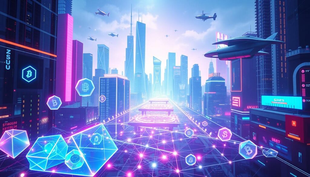 A futuristic, neon-lit cityscape, with holographic liquidity pools pulsing and shimmering in the foreground. Transparent, geometric shapes representing various cryptocurrency tokens float and intermingle, creating a captivating interplay of colors and forms. The middle ground features a network of shimmering, interconnected data streams, symbolizing the decentralized exchange infrastructure. In the background, towering skyscrapers and sleek, hovering vehicles create a sense of technological advancement and progress. The lighting is a combination of vibrant, neon hues and soft, ambient illumination, casting an otherworldly glow over the entire scene. The overall atmosphere conveys the dynamism and innovation of decentralized finance.