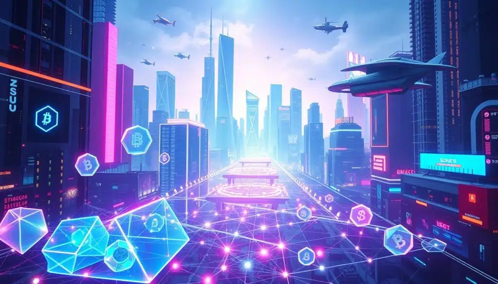 A futuristic, neon-lit cityscape, with holographic liquidity pools pulsing and shimmering in the foreground. Transparent, geometric shapes representing various cryptocurrency tokens float and intermingle, creating a captivating interplay of colors and forms. The middle ground features a network of shimmering, interconnected data streams, symbolizing the decentralized exchange infrastructure. In the background, towering skyscrapers and sleek, hovering vehicles create a sense of technological advancement and progress. The lighting is a combination of vibrant, neon hues and soft, ambient illumination, casting an otherworldly glow over the entire scene. The overall atmosphere conveys the dynamism and innovation of decentralized finance.