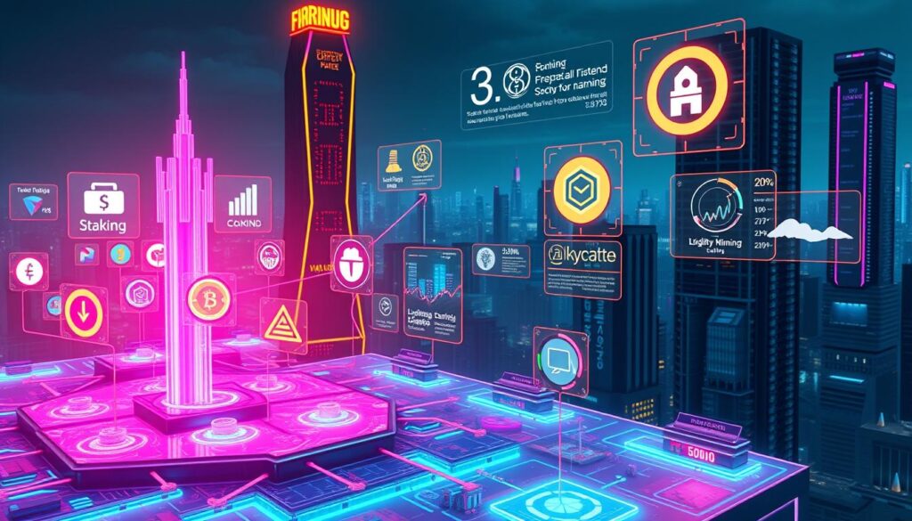 A futuristic, neon-lit cityscape with towering skyscrapers and floating holographic displays showcasing various decentralized finance yield farming strategies. In the foreground, a detailed 3D model of a virtual blockchain network, with nodes representing different DeFi protocols and liquidity pools. The mid-ground features stylized icons and infographics illustrating concepts like staking, lending, and liquidity mining, all bathed in a vibrant, cyberpunk-inspired color palette. The background is a panoramic view of the city, with dynamic data visualizations and financial metrics projected onto the buildings, creating an immersive, high-tech atmosphere.
