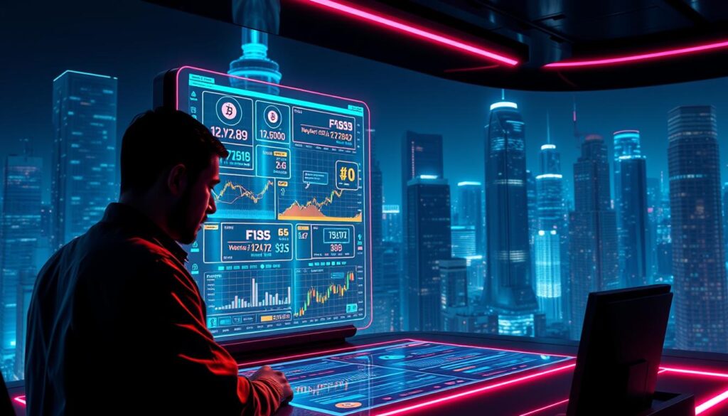 A futuristic, neon-lit crypto trading desk with a sleek, holographic display showcasing effective prompts. In the foreground, a character examines the prompts, their face illuminated by the vibrant, data-rich interface. The middle ground features intricate, animated visualizations of cryptocurrencies and trading patterns. The background is a cityscape of towering skyscrapers, their windows glowing with the energy of a thriving financial hub. Dramatic, cinematic lighting casts long shadows, creating a sense of depth and drama. The scene conveys the power of prompt engineering in the dynamic world of cryptocurrency analysis and trading.