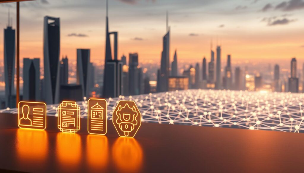 A futuristic scene depicting a comparison of non-transferable blockchain-based digital identity credentials. In the foreground, a series of abstract, glowing soulbound token icons representing different identity verification use cases, such as government-issued IDs, professional certifications, and membership passes. In the middle ground, a translucent blockchain network visualized as a lattice of interconnected nodes. In the background, a sleek, minimalist cityscape with towering skyscrapers and a vibrant, neon-lit skyline, conveying a sense of technological advancement and secure digital infrastructure. The scene is illuminated by a warm, diffused light, creating a sense of depth and emphasizing the intricate details of the soulbound tokens and the blockchain network.