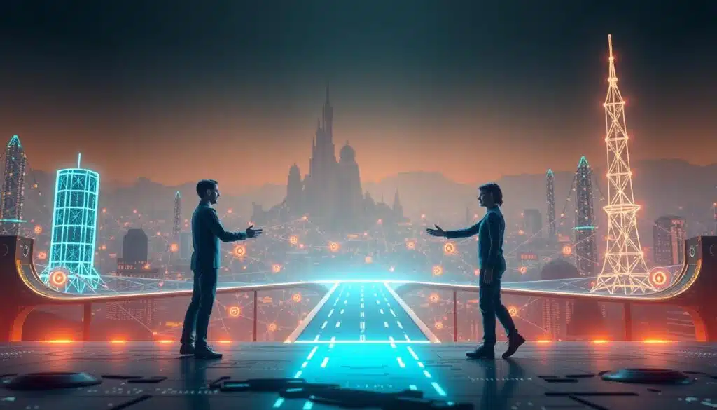 A futuristic scene depicting the seamless transfer of digital assets across blockchain networks. In the foreground, two figures representing different blockchain protocols engage in a secure handshake, signifying the interoperability enabled by a cross-chain bridge. The middle ground features a shimmering, holographic bridge spanning between the separate blockchain environments, symbolizing the secure passage of tokenized assets. In the background, a vast, technological landscape unfolds, with towering data structures and glowing, interconnected nodes, conveying the complexity and scale of the blockchain ecosystem. The scene is illuminated by a warm, diffuse light, creating a sense of harmony and collaboration, highlighting the importance of cross-chain bridges in the future of decentralized finance. A futuristic scene depicting the seamless transfer of digital assets across blockchain networks. In the foreground, two figures representing different blockchain protocols engage in a secure handshake, signifying the interoperability enabled by a cross-chain bridge. The middle ground features a shimmering, holographic bridge spanning between the separate blockchain environments, symbolizing the secure passage of tokenized assets. In the background, a vast, technological landscape unfolds, with towering data structures and glowing, interconnected nodes, conveying the complexity and scale of the blockchain ecosystem. The scene is illuminated by a warm, diffuse light, creating a sense of harmony and collaboration, highlighting the importance of cross-chain bridges in the future of decentralized finance.
