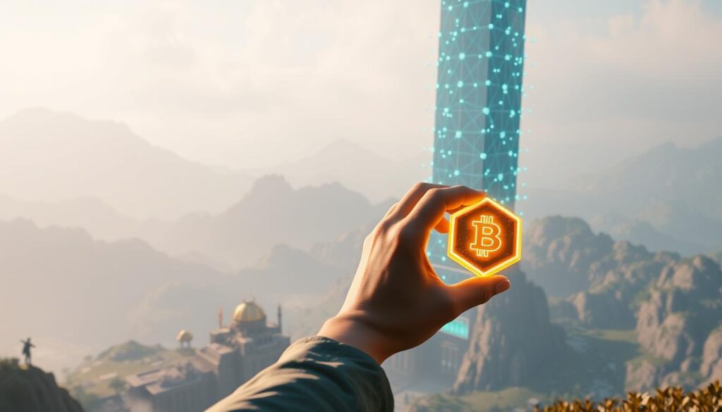 A futuristic scene of blockchain-powered in-game ownership. In the foreground, a player's avatar holds a glowing virtual item, representing their blockchain-secured digital asset. The middle ground depicts a vibrant, immersive game world, with intricate structures and lush landscapes. In the background, a towering blockchain network visualized as a grid of interconnected nodes, symbolizing the decentralized infrastructure that enables secure, transparent, and programmable in-game ownership. Soft, diffused lighting creates a sense of depth and atmosphere, while a subtle haze suggests the seamless integration of blockchain technology within the game environment.